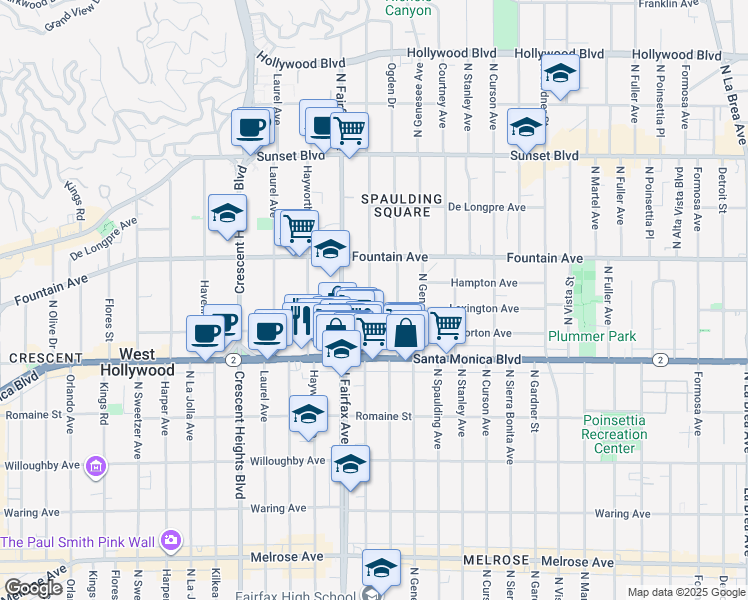 map of restaurants, bars, coffee shops, grocery stores, and more near 1200 North Orange Drive in Los Angeles