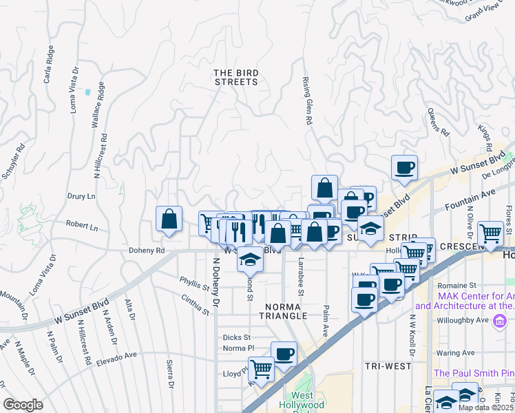 map of restaurants, bars, coffee shops, grocery stores, and more near 1255 Hilldale Avenue in Los Angeles