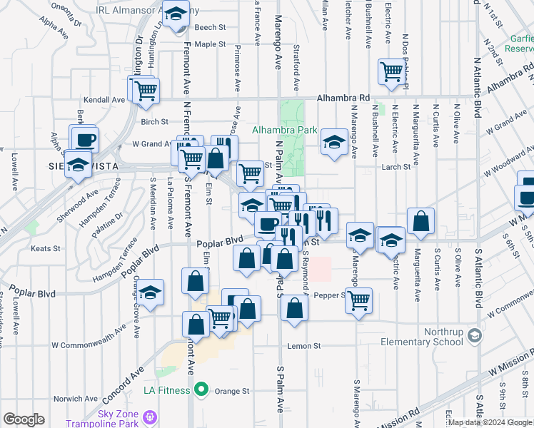 map of restaurants, bars, coffee shops, grocery stores, and more near 2229 West Main Street in Alhambra