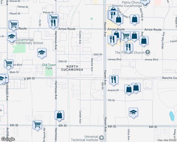 map of restaurants, bars, coffee shops, grocery stores, and more near 10371 24th Street in Rancho Cucamonga