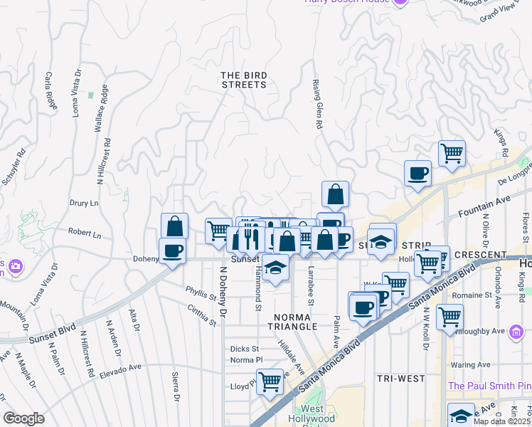 map of restaurants, bars, coffee shops, grocery stores, and more near 1255 Hilldale Avenue in Los Angeles