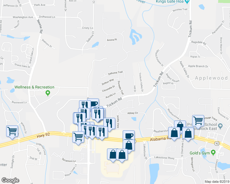 map of restaurants, bars, coffee shops, grocery stores, and more near 108 Aucilla Lane in Woodstock