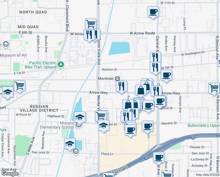 map of restaurants, bars, coffee shops, grocery stores, and more near 8870 Camphor Avenue in Montclair