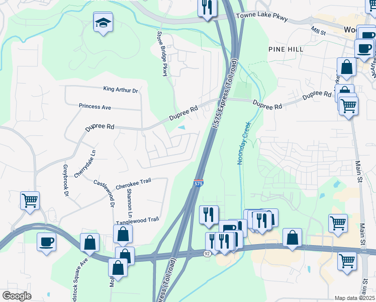 map of restaurants, bars, coffee shops, grocery stores, and more near 138 Batten Board Way in Woodstock