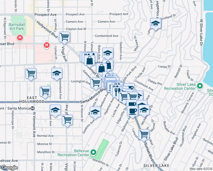 map of restaurants, bars, coffee shops, grocery stores, and more near West Sunset Boulevard in Los Angeles