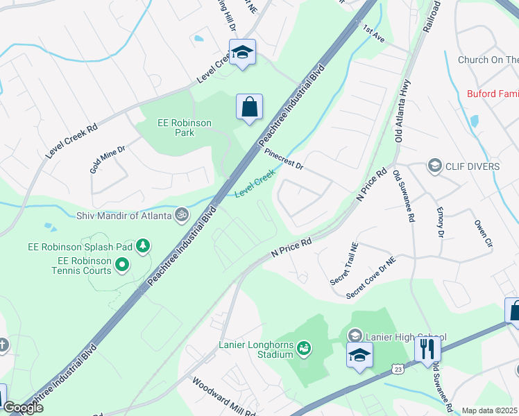 map of restaurants, bars, coffee shops, grocery stores, and more near 939 Woods Chapel Road in Sugar Hill