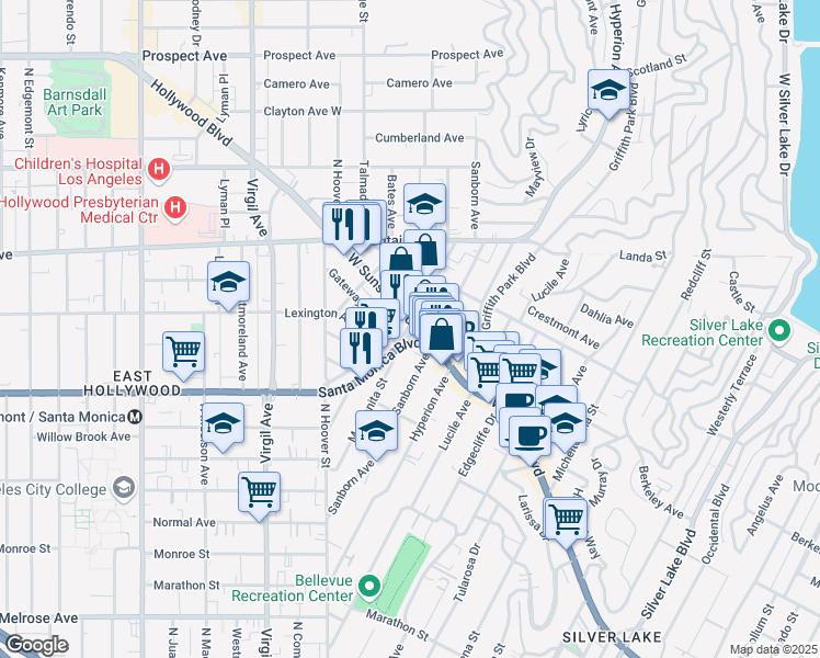 map of restaurants, bars, coffee shops, grocery stores, and more near Manzanita Street in Los Angeles