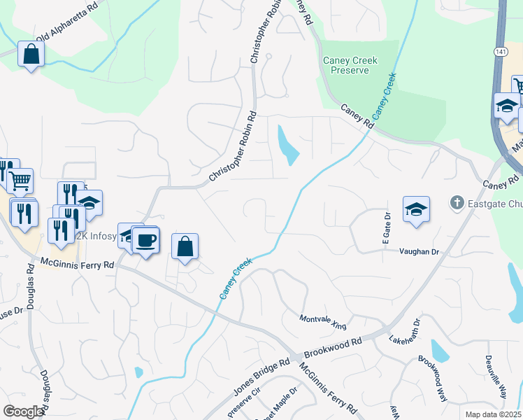 map of restaurants, bars, coffee shops, grocery stores, and more near 3415 Caney Creek Lane in Cumming