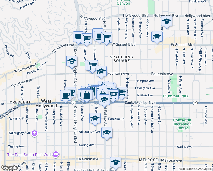 map of restaurants, bars, coffee shops, grocery stores, and more near 1265 North Fairfax Avenue in West Hollywood