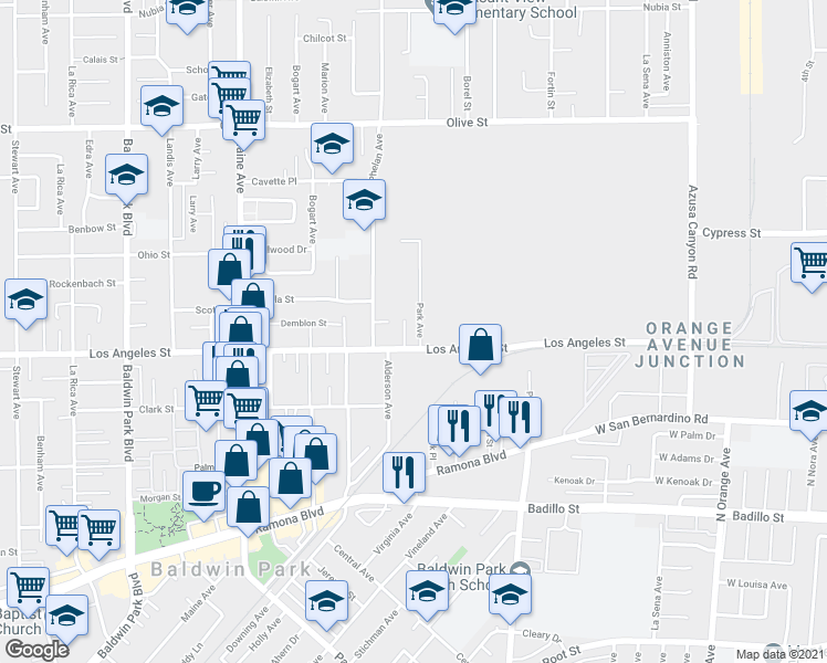 map of restaurants, bars, coffee shops, grocery stores, and more near 4199-4123 Laurens Avenue in Baldwin Park