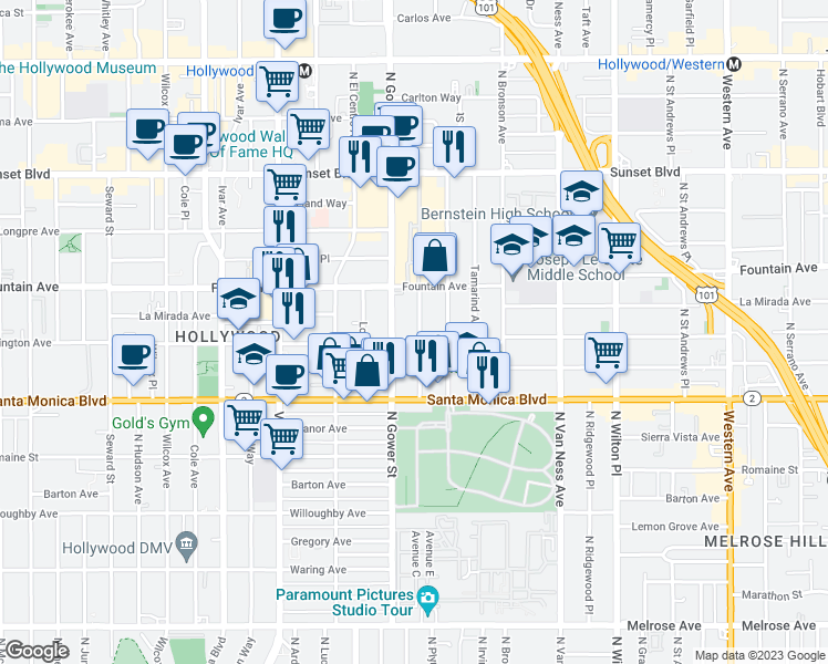 map of restaurants, bars, coffee shops, grocery stores, and more near 1209 North Beachwood Drive in Los Angeles