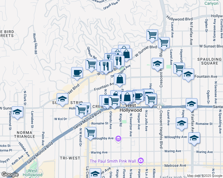 map of restaurants, bars, coffee shops, grocery stores, and more near 1264 North Kings Road in West Hollywood