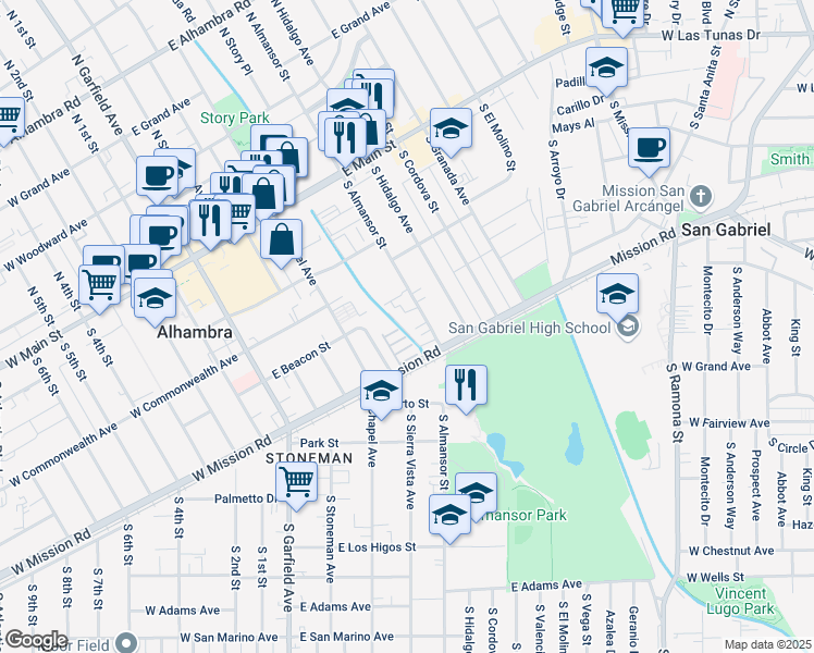 map of restaurants, bars, coffee shops, grocery stores, and more near 517 South Almansor Street in Alhambra