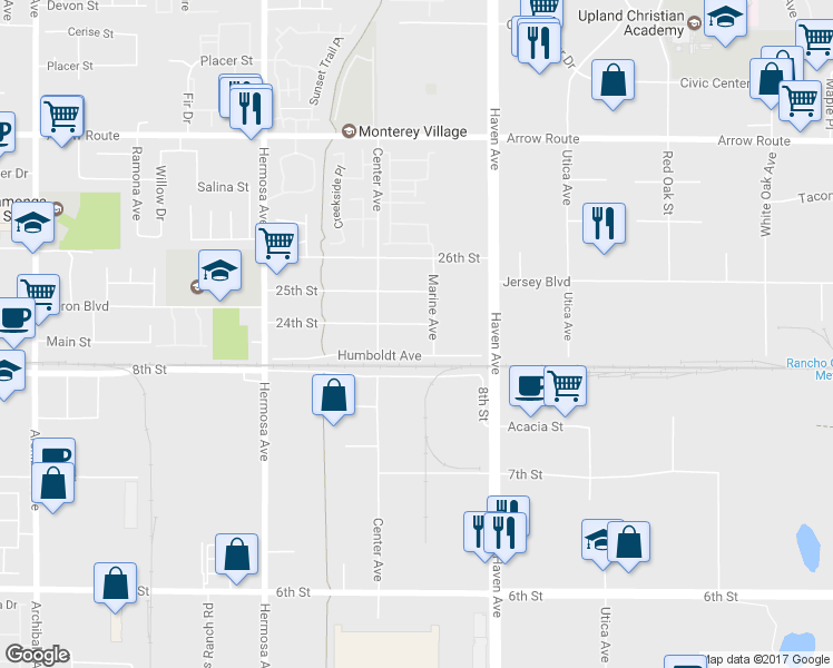 map of restaurants, bars, coffee shops, grocery stores, and more near 10371 24th Street in Rancho Cucamonga