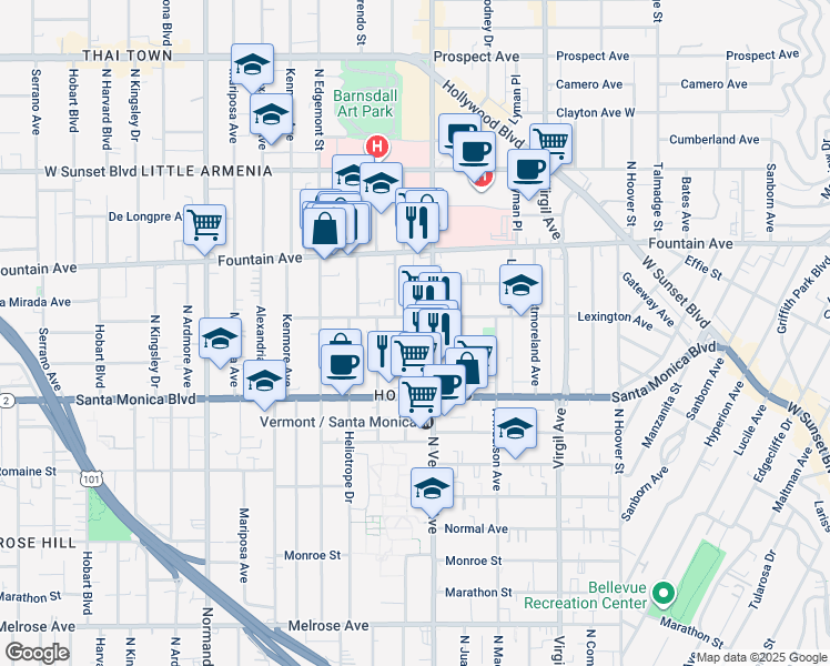 map of restaurants, bars, coffee shops, grocery stores, and more near 1172 North New Hampshire Avenue in Los Angeles