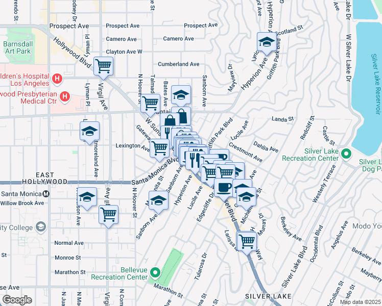 map of restaurants, bars, coffee shops, grocery stores, and more near 1140 Sanborn Avenue in Los Angeles