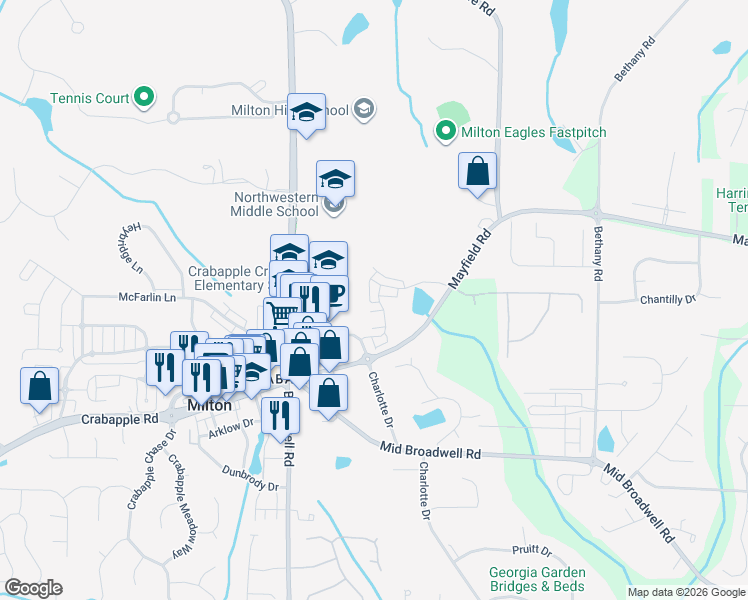 map of restaurants, bars, coffee shops, grocery stores, and more near 980 Mayfield Road in Alpharetta