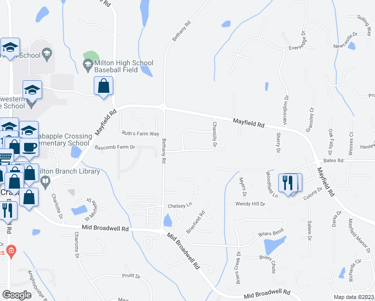 map of restaurants, bars, coffee shops, grocery stores, and more near 1050 Chantilly Drive in Alpharetta