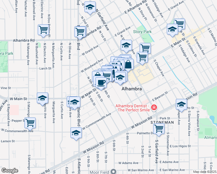 map of restaurants, bars, coffee shops, grocery stores, and more near 11 South 3rd Street in Alhambra