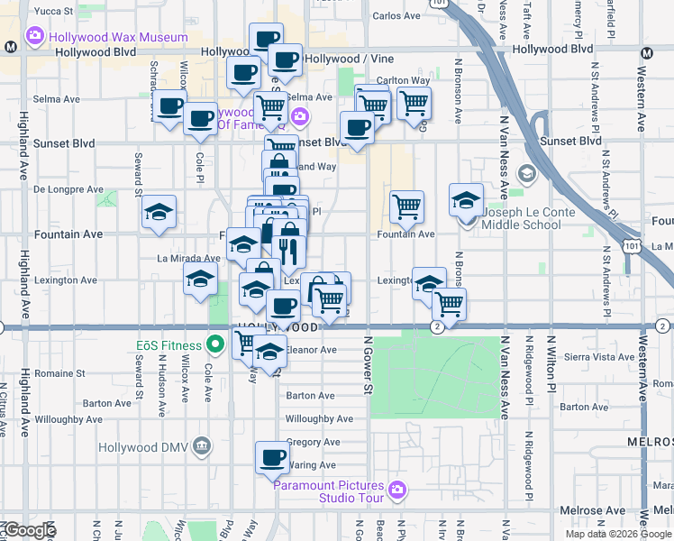 map of restaurants, bars, coffee shops, grocery stores, and more near 1215 Lodi Place in Los Angeles