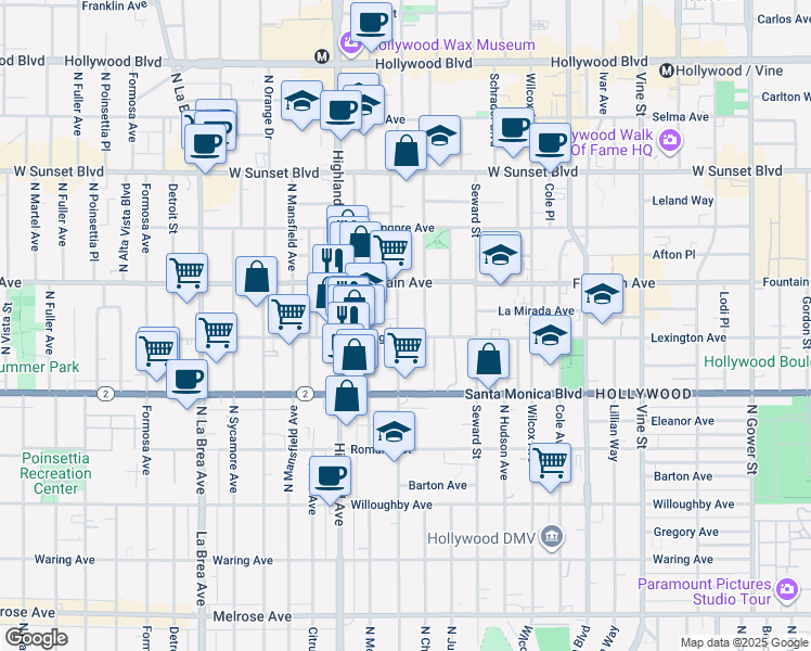 map of restaurants, bars, coffee shops, grocery stores, and more near 1210 North Las Palmas Avenue in Los Angeles