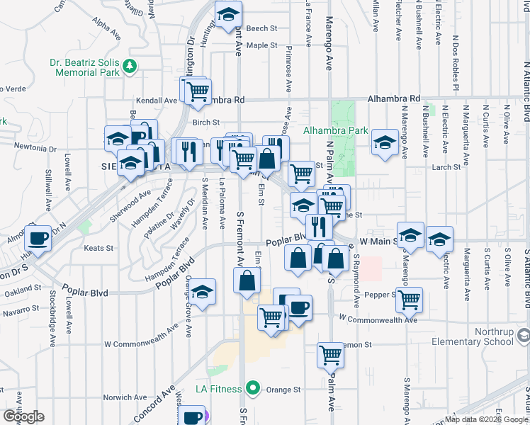 map of restaurants, bars, coffee shops, grocery stores, and more near 122 Elm Street in Alhambra
