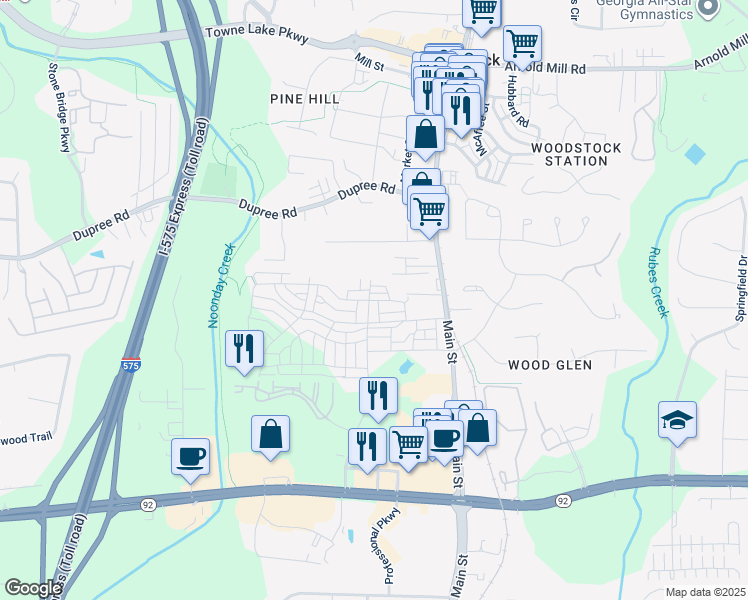 map of restaurants, bars, coffee shops, grocery stores, and more near 270 Dawson Drive in Woodstock