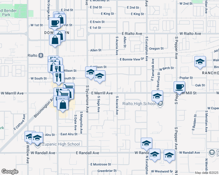 map of restaurants, bars, coffee shops, grocery stores, and more near 484 South Joyce Avenue in Rialto