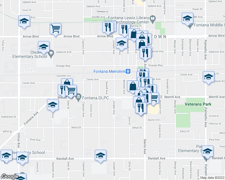 map of restaurants, bars, coffee shops, grocery stores, and more near 8868 Juniper Avenue in Fontana