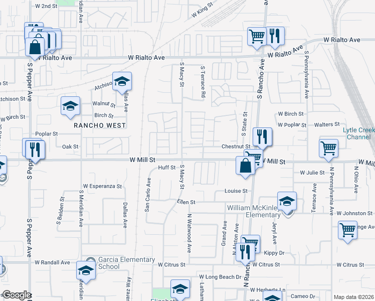 map of restaurants, bars, coffee shops, grocery stores, and more near 2296 Chestnut Street in San Bernardino