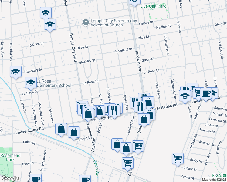 map of restaurants, bars, coffee shops, grocery stores, and more near 9816 Key West Street in Temple City