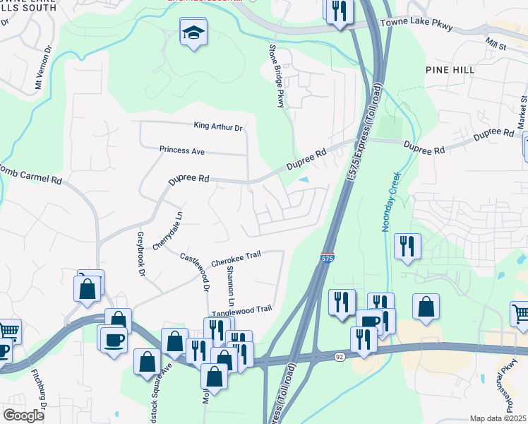 map of restaurants, bars, coffee shops, grocery stores, and more near 213 Prairie Lane in Woodstock