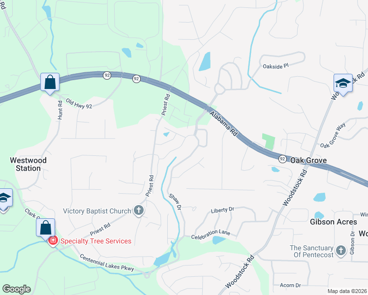 map of restaurants, bars, coffee shops, grocery stores, and more near 267 Shaw Drive in Acworth