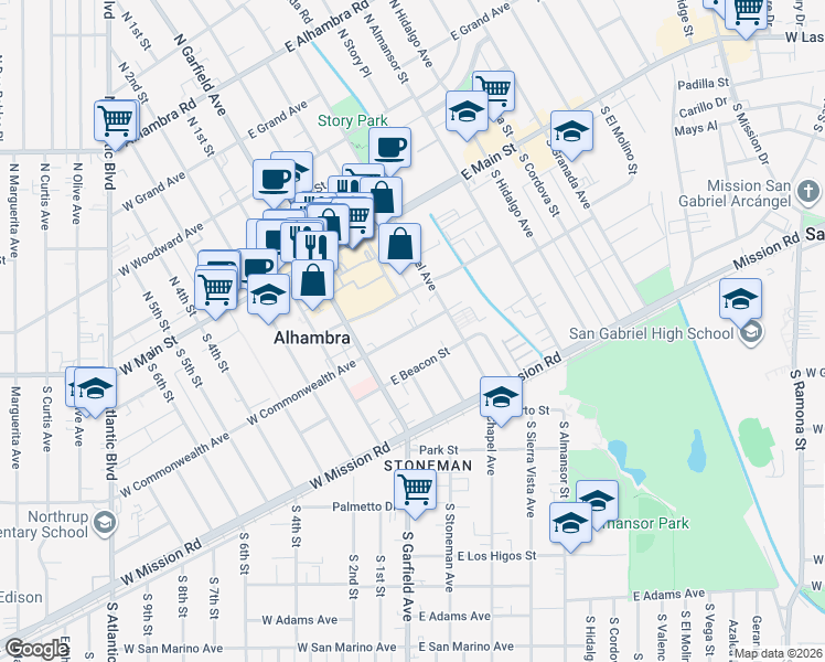 map of restaurants, bars, coffee shops, grocery stores, and more near 83 East Commonwealth Avenue in Alhambra