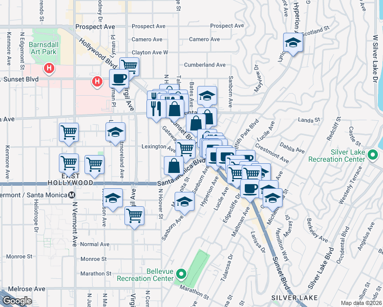 map of restaurants, bars, coffee shops, grocery stores, and more near 4121 Gateway Avenue in Los Angeles