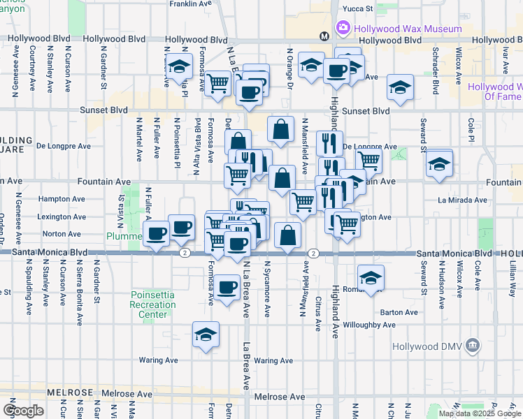 map of restaurants, bars, coffee shops, grocery stores, and more near 1215 North Sycamore Avenue in Los Angeles