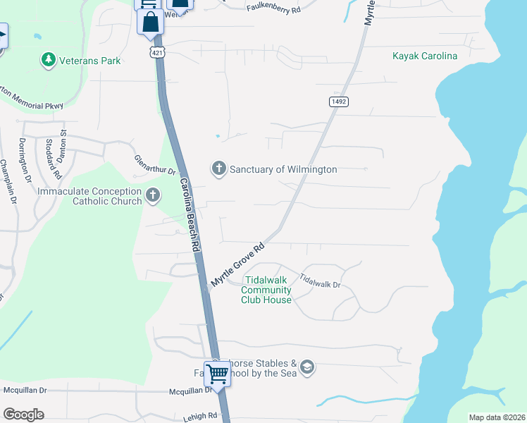 map of restaurants, bars, coffee shops, grocery stores, and more near 7614 Myrtle Grove Road in Wilmington