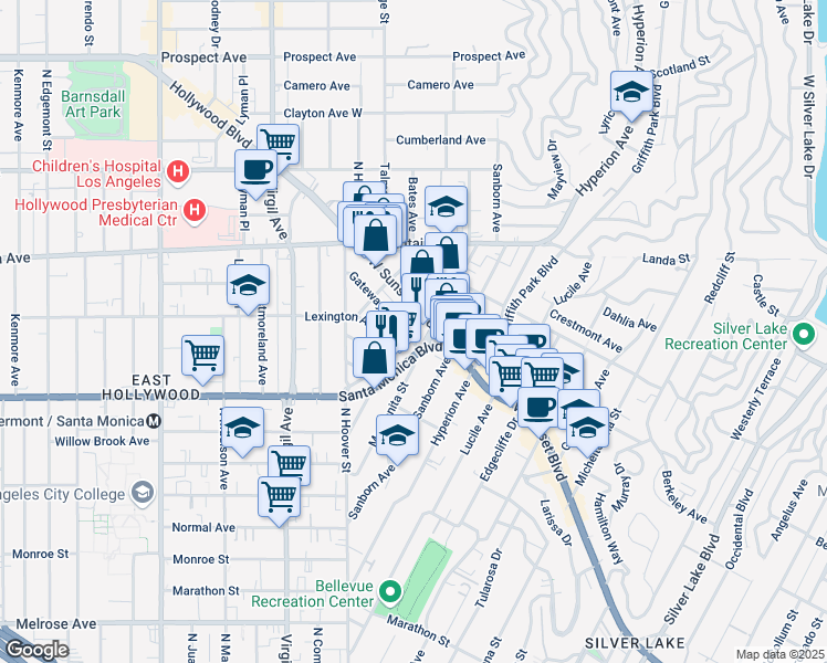 map of restaurants, bars, coffee shops, grocery stores, and more near 4121 Gateway Avenue in Los Angeles