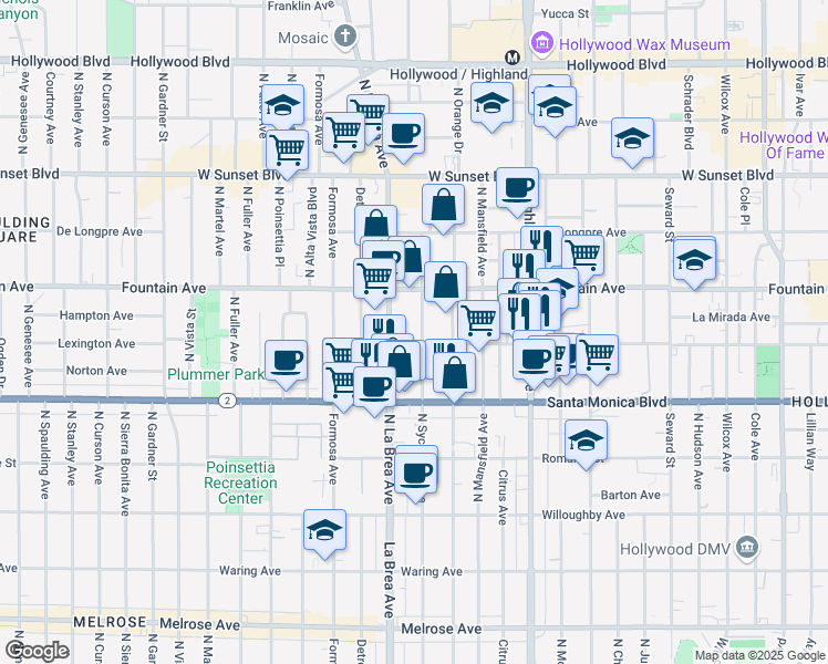 map of restaurants, bars, coffee shops, grocery stores, and more near 1215 North Sycamore Avenue in Los Angeles