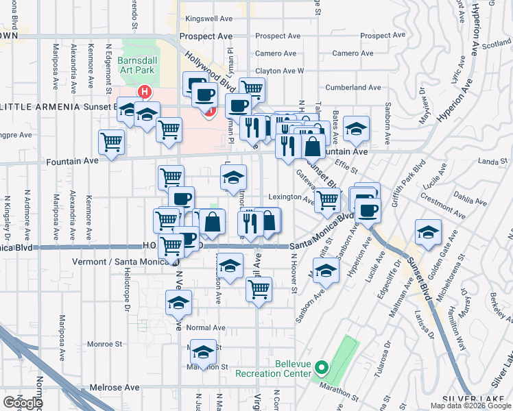 map of restaurants, bars, coffee shops, grocery stores, and more near 1201 North Virgil Avenue in Los Angeles