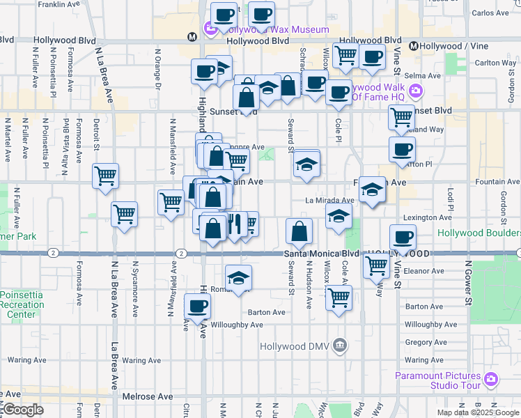 map of restaurants, bars, coffee shops, grocery stores, and more near 1210 North Cherokee Avenue in Los Angeles