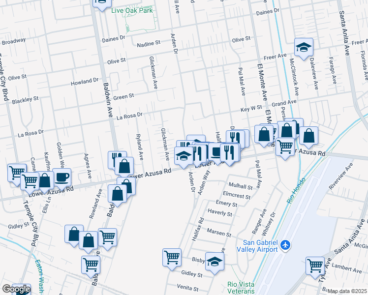 map of restaurants, bars, coffee shops, grocery stores, and more near 4849 Arden Drive in Temple City