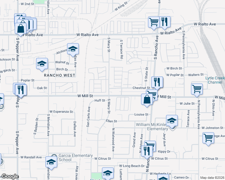 map of restaurants, bars, coffee shops, grocery stores, and more near 2296 Chestnut Street in San Bernardino