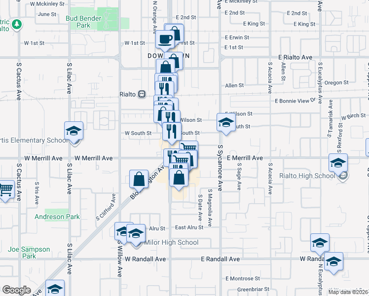 map of restaurants, bars, coffee shops, grocery stores, and more near 162 East Merrill Avenue in Rialto