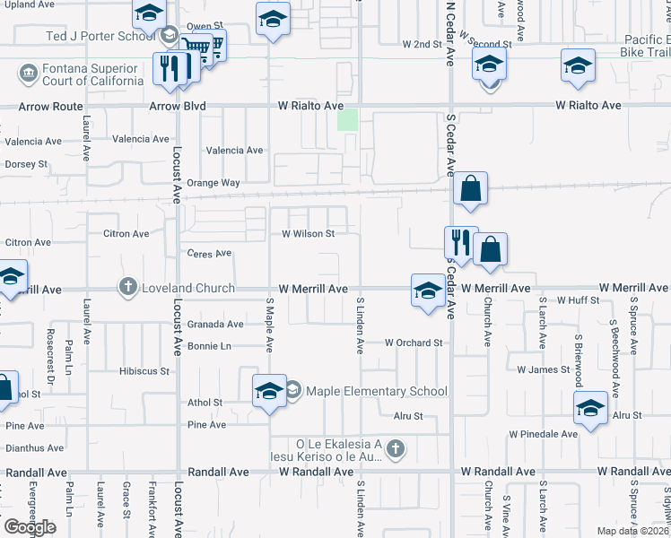 map of restaurants, bars, coffee shops, grocery stores, and more near 1527 West South Street in Rialto