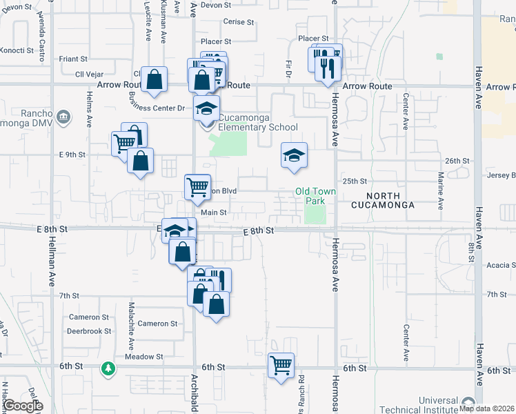 map of restaurants, bars, coffee shops, grocery stores, and more near 9877 Feron Boulevard in Rancho Cucamonga
