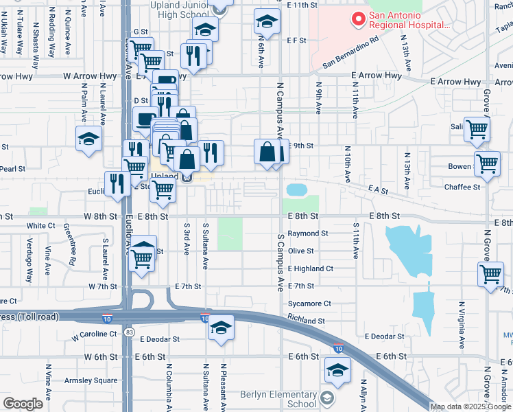map of restaurants, bars, coffee shops, grocery stores, and more near 605 East 8th Street in Upland