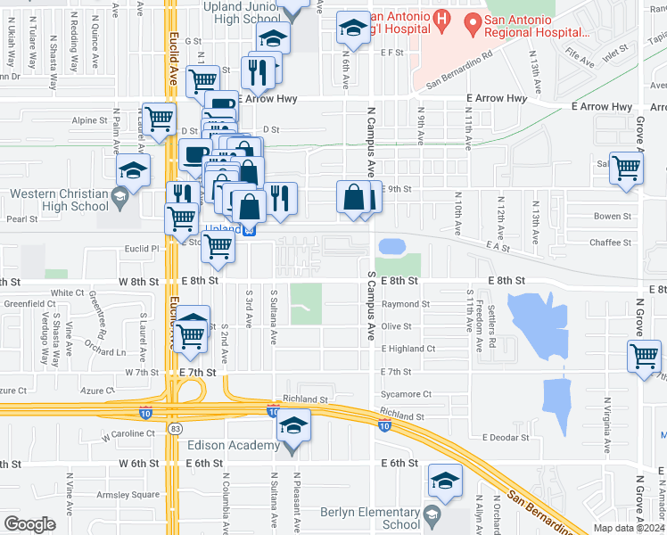 map of restaurants, bars, coffee shops, grocery stores, and more near 605 East 8th Street in Upland