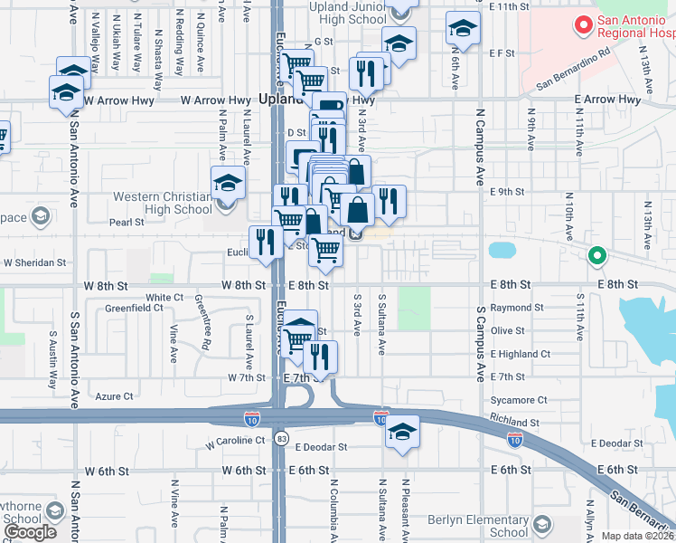 map of restaurants, bars, coffee shops, grocery stores, and more near 166 South 2nd Avenue in Upland