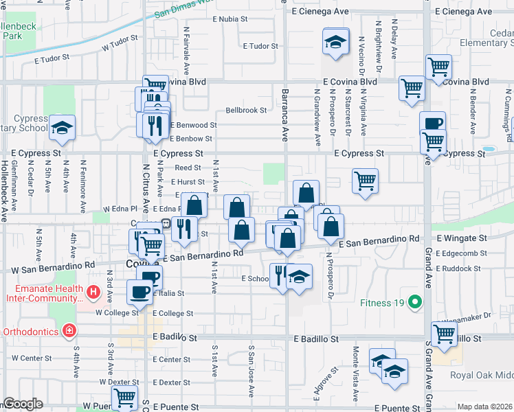 map of restaurants, bars, coffee shops, grocery stores, and more near 815 Barranca Avenue in Covina